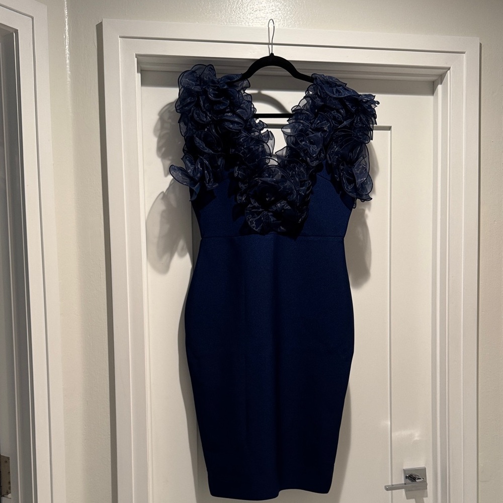 Elegant Navy Blue Dress with Floral Accents